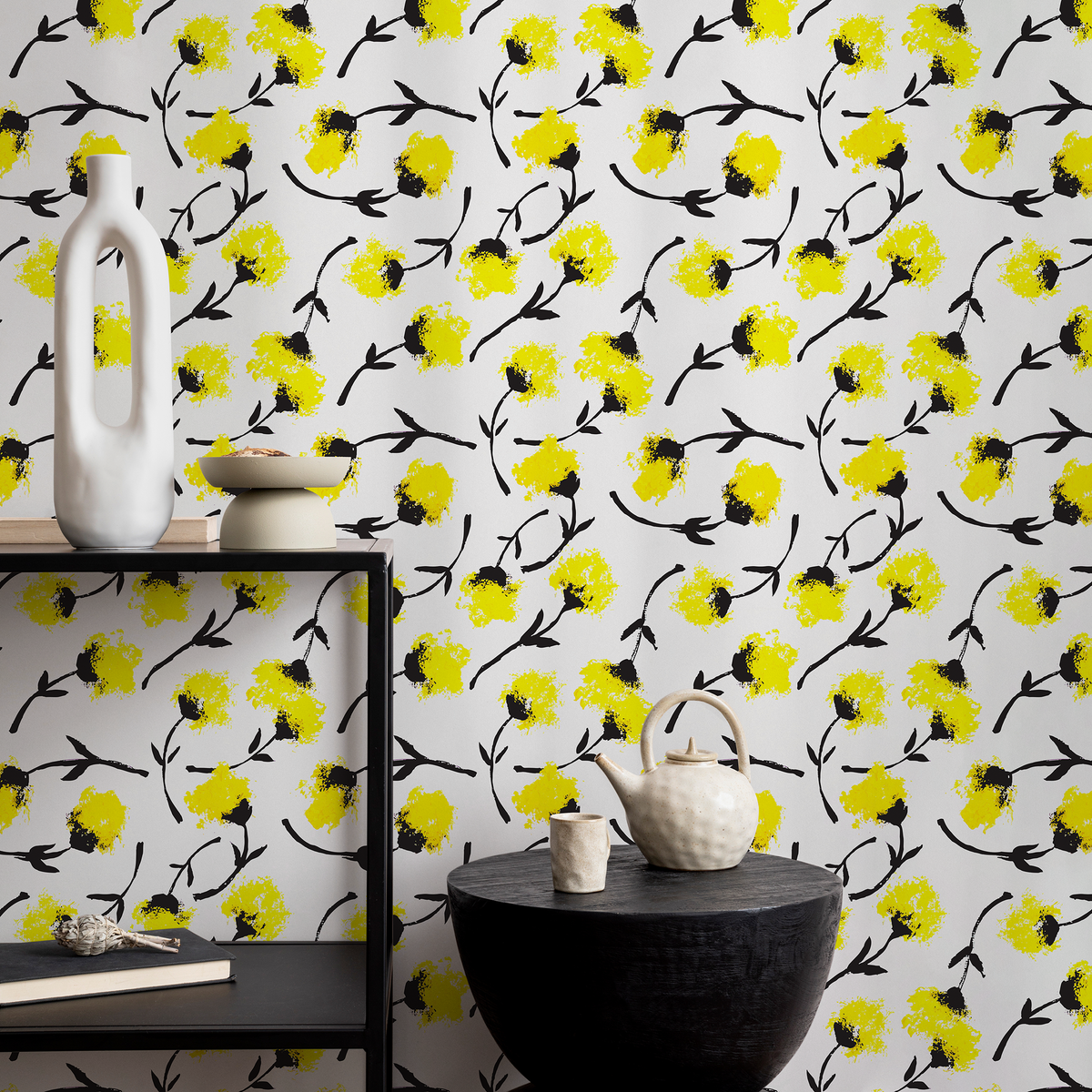 Floral Wallpaper with a Painterly Flower Motif in Yellow and Black - detail view