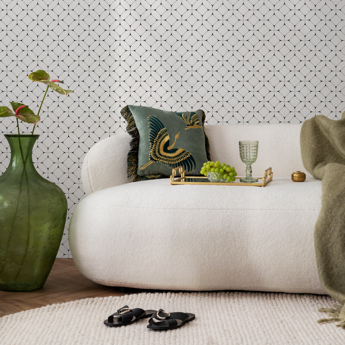 Geometric Wallpaper with an Interlocking Tile Motif in Black and White - detail view