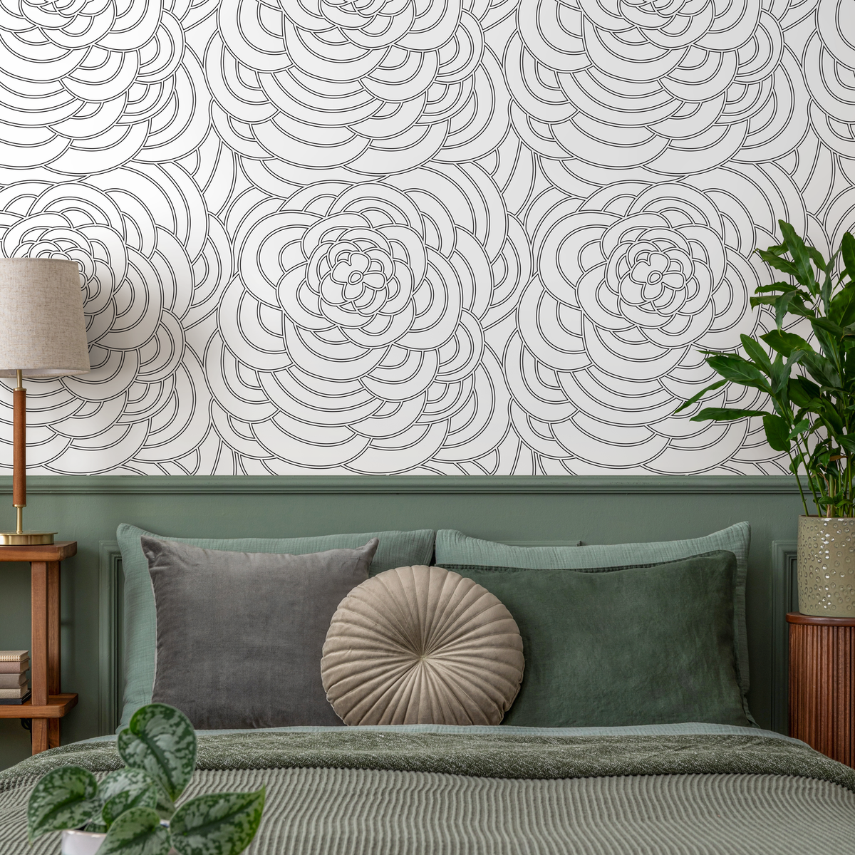 Geometric Floral Wallpaper with Overlapping Petals in Black and White - detail view