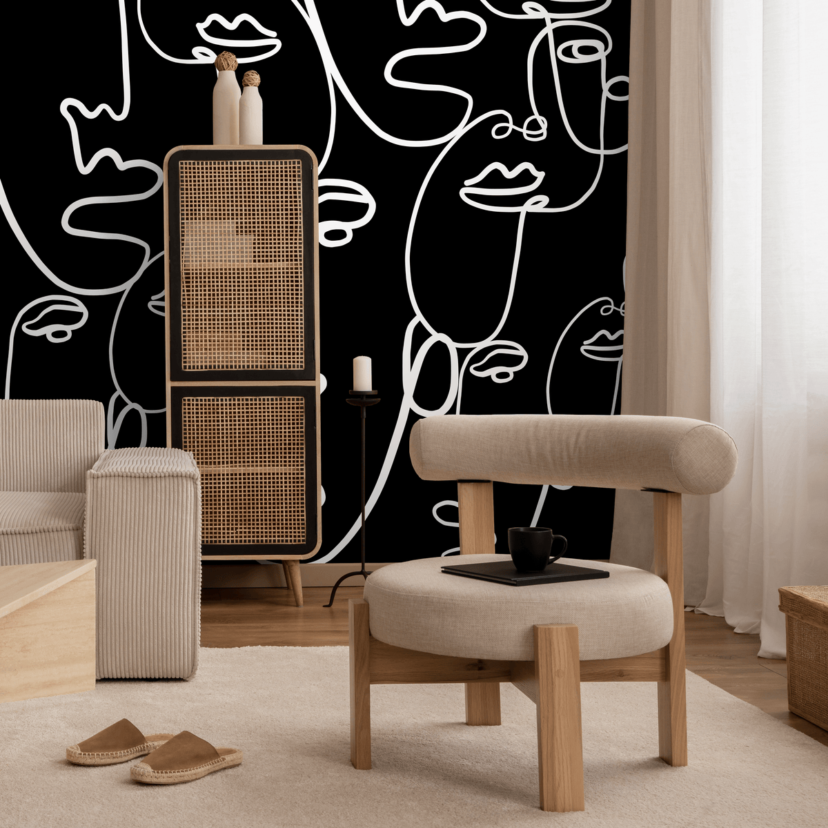 Modern Line Art Wallpaper Featuring Abstract Faces in Black and White - detail view