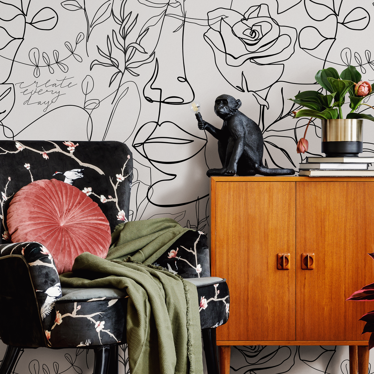Abstract Wallpaper with Continuous Line Faces and Florals in Black - detail view
