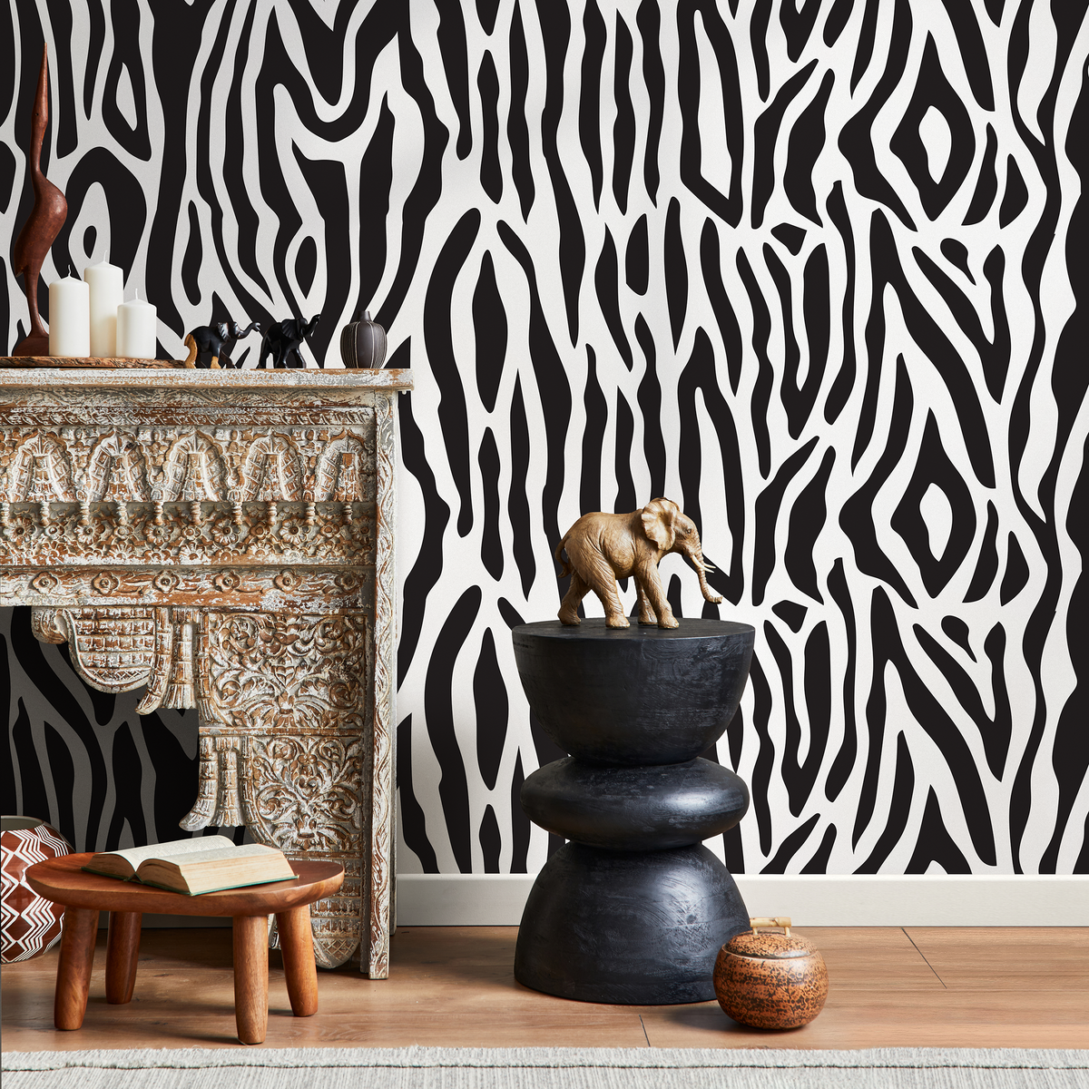 Animal Print Wallpaper with a Zebra Pattern in Black and White - detail view