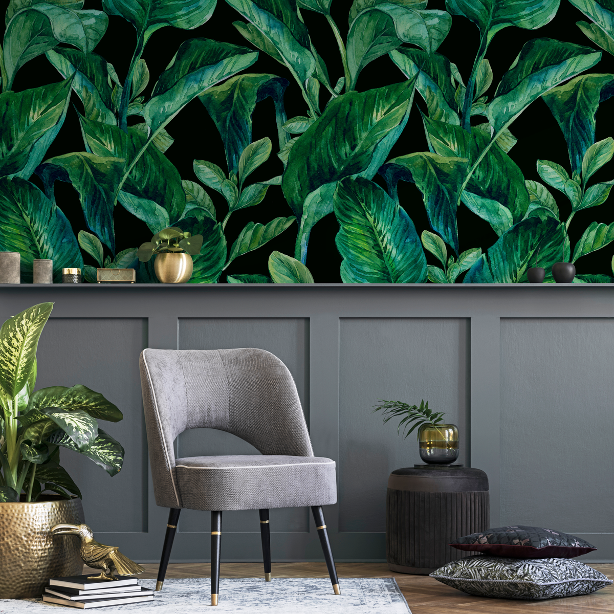 Botanical Wallpaper with Lush Watercolor Leaves in Green and Black - detail view