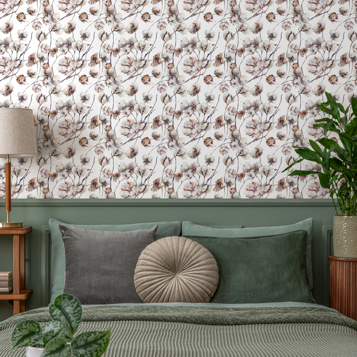 Botanical Wallpaper with a Watercolor Cotton Boll Motif in Brown and Cream - detail view