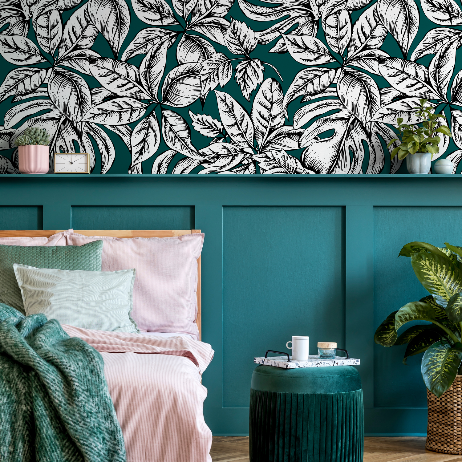 Botanical Wallpaper with Tropical Leaves in Teal, Black, and White - B615