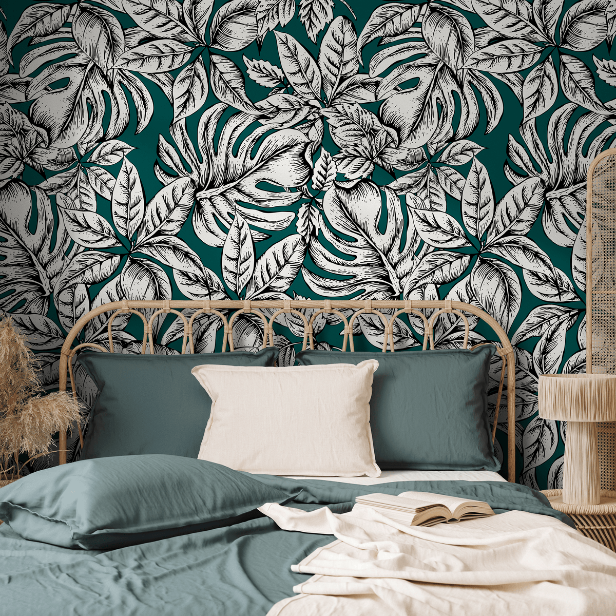 Botanical Wallpaper with Tropical Leaves in Teal, Black, and White - detail view
