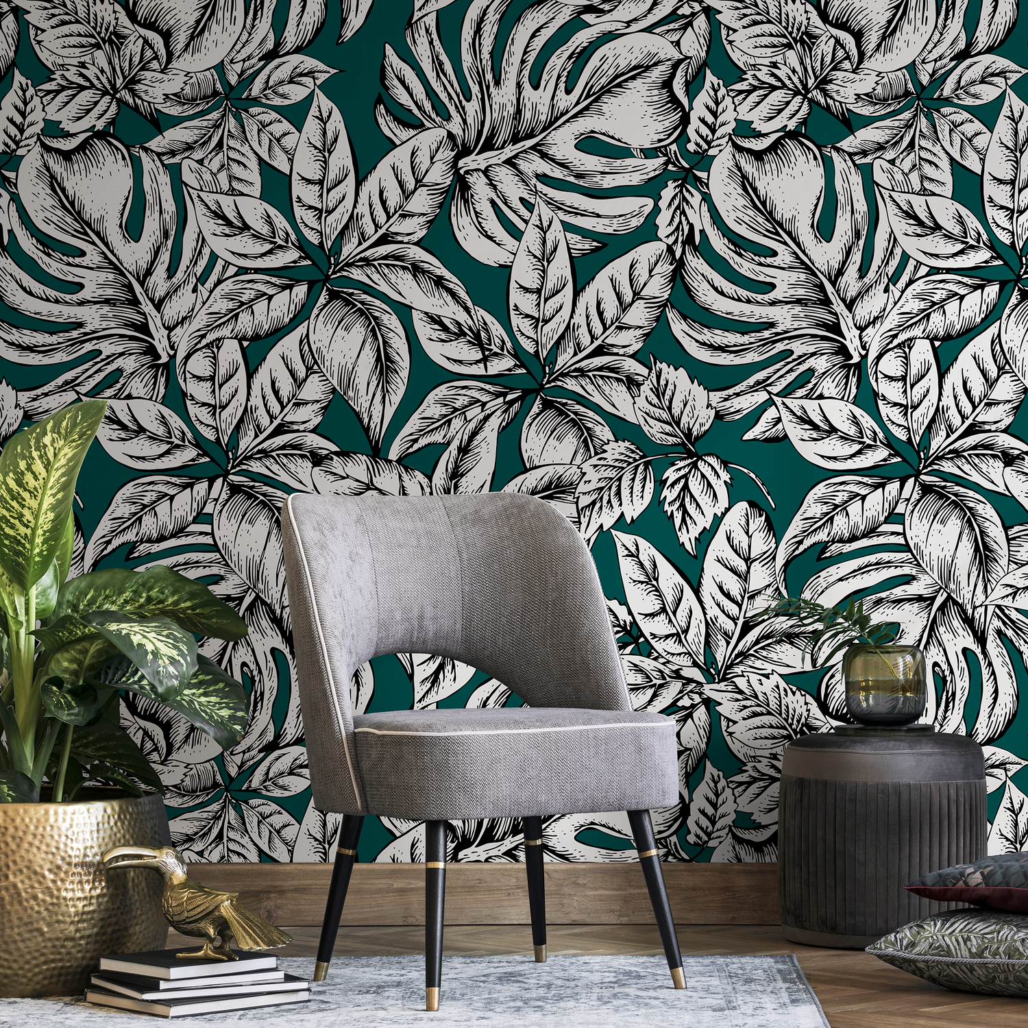 Botanical Wallpaper with Tropical Leaves in Teal, Black, and White - B615