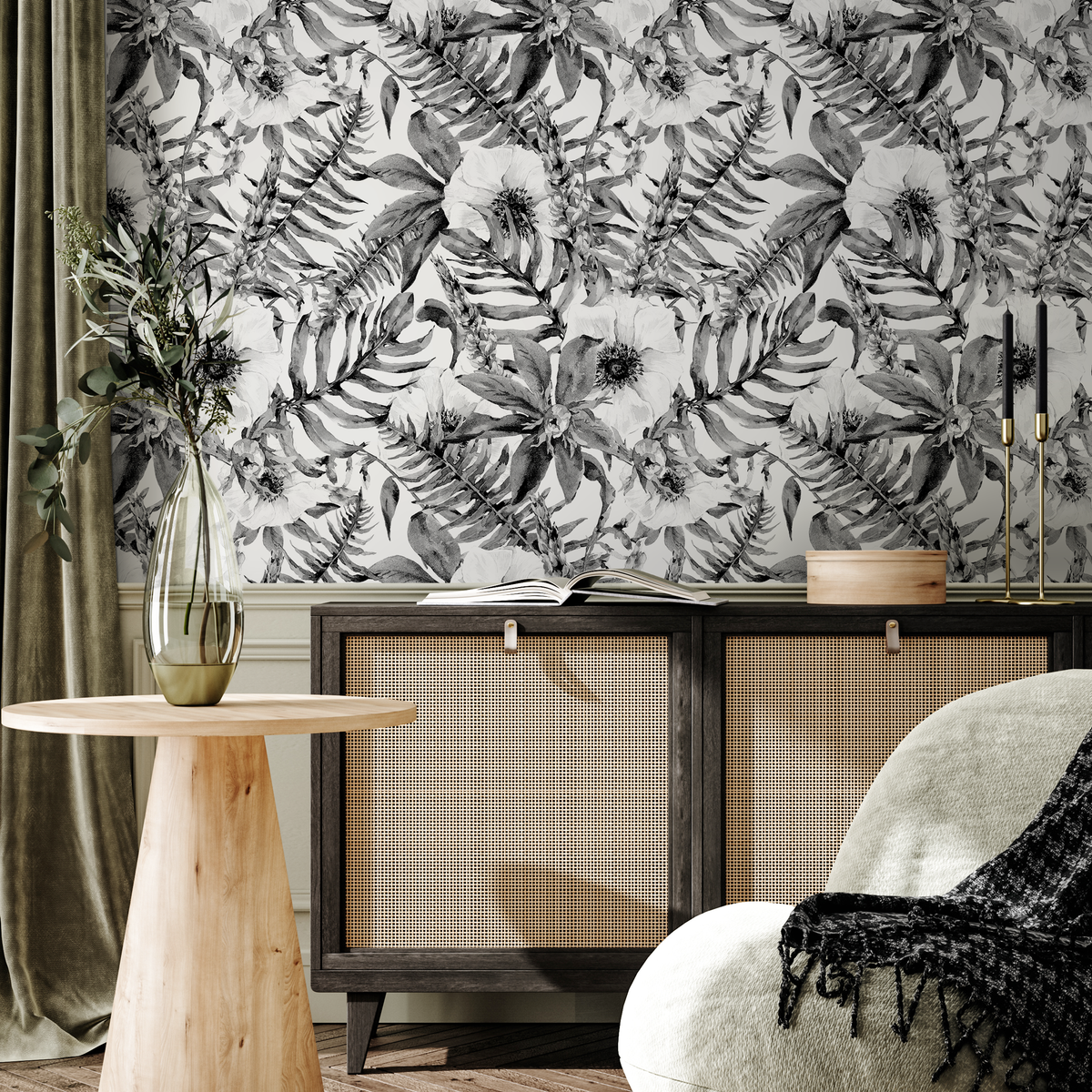 Floral Wallpaper with Watercolor Anemones and Ferns in Black and White - detail view