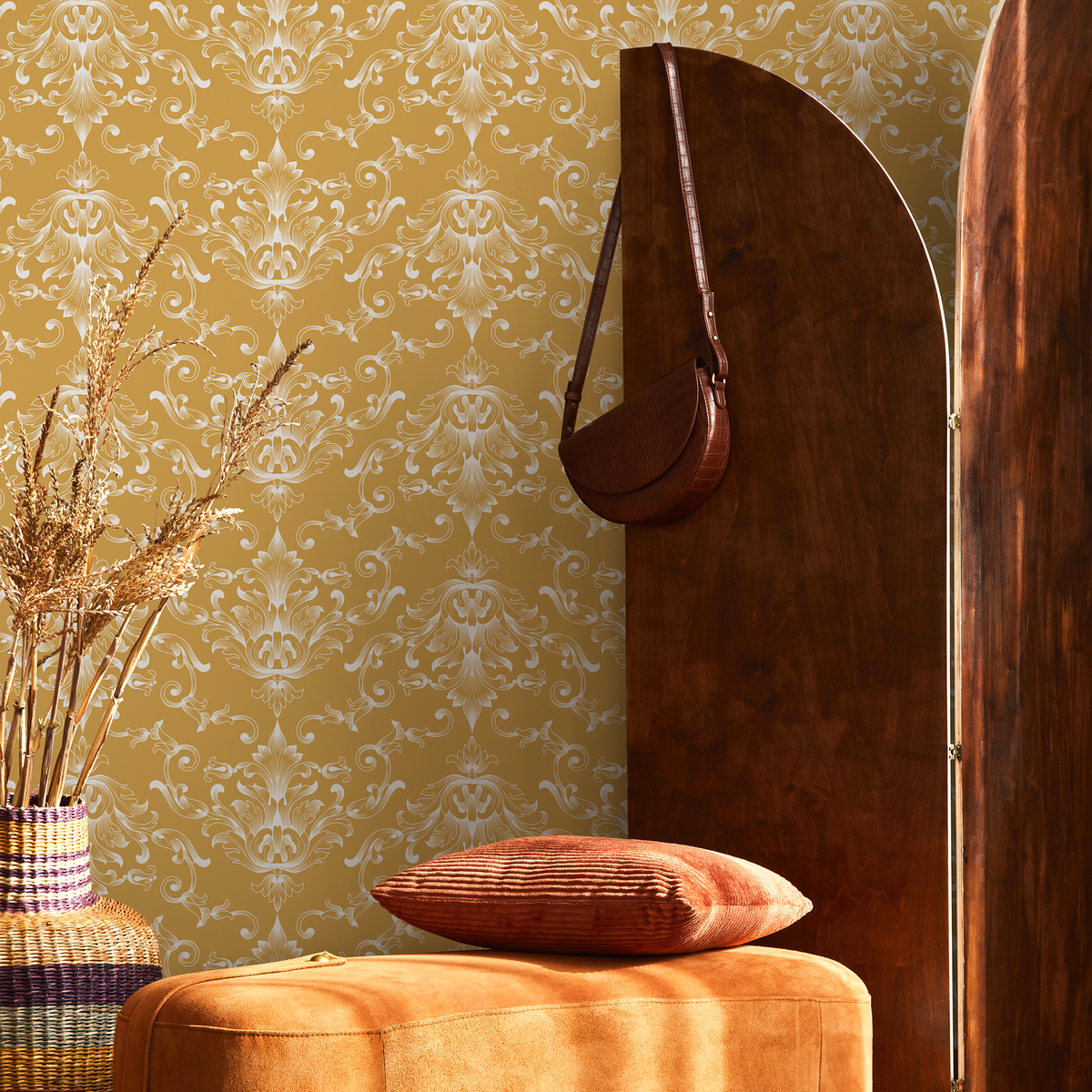 Damask Wallpaper with Ornate Acanthus Scrolls in Mustard Yellow and White - detail view