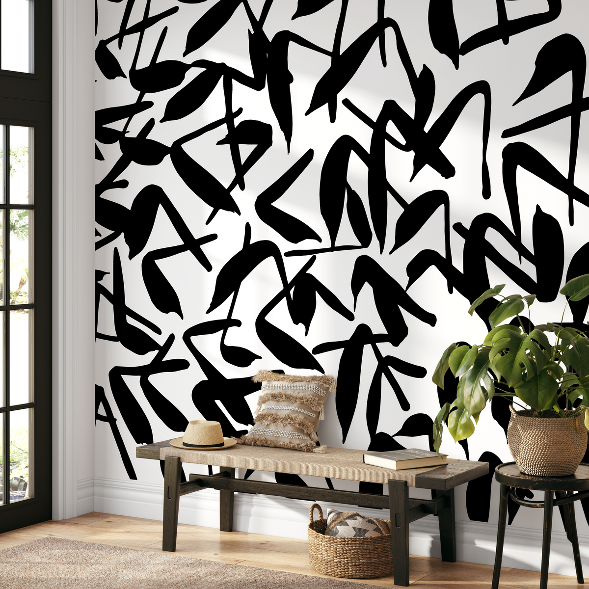 Abstract Wallpaper with Bold Brush Strokes in Black and White - detail view
