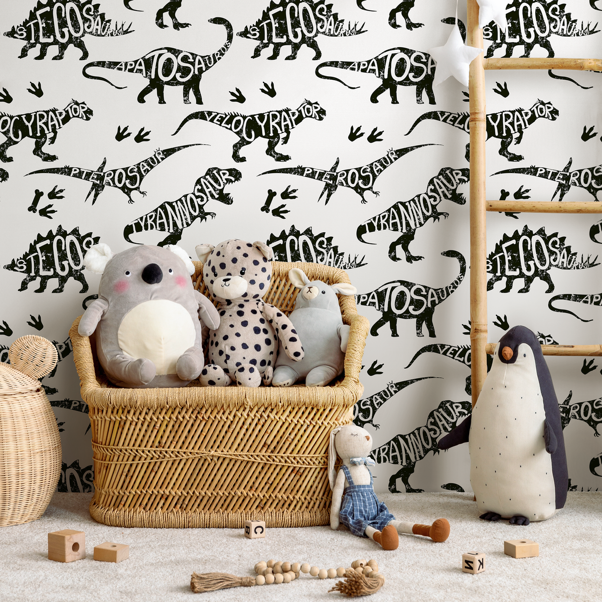 Dinosaur Wallpaper with Typographic Silhouettes in Black and White - detail view