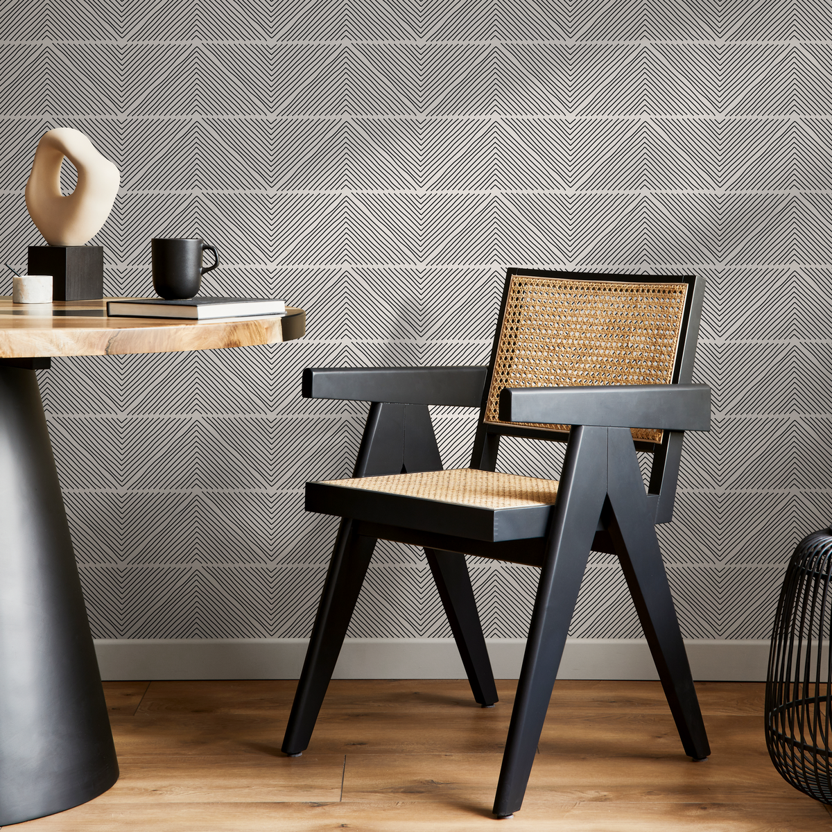 Geometric Wallpaper with Hand-Drawn Chevron Lines in Black and Beige - detail view
