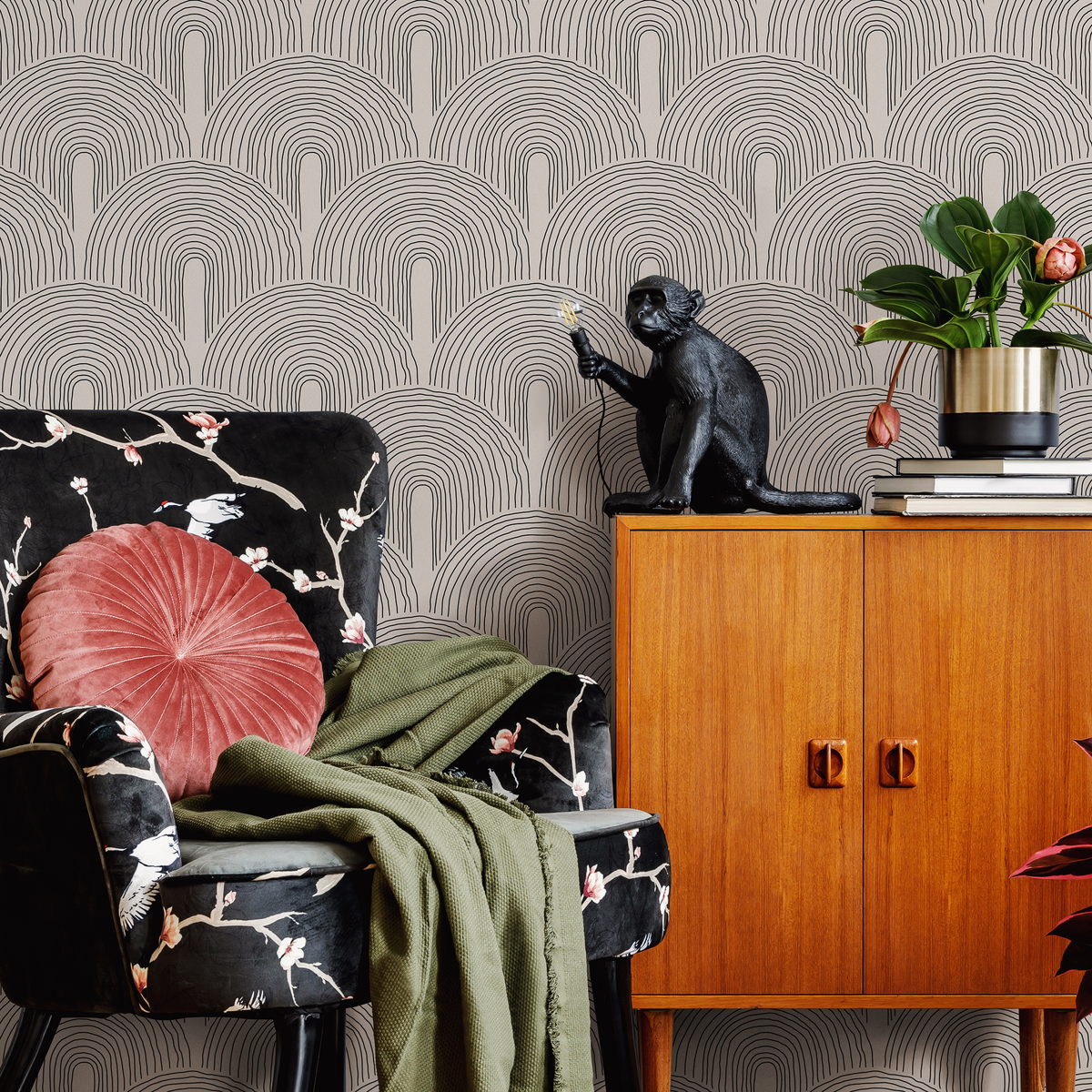 Abstract Wallpaper with Hand-Drawn Arches in Black and Cream - detail view