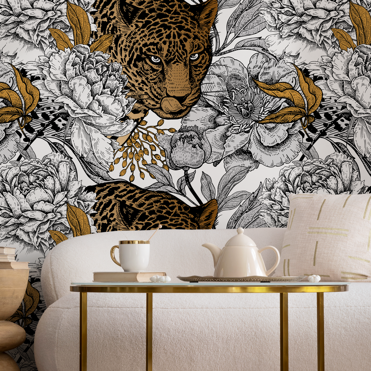 Animal Print Wallpaper with Jaguar and Peonies in Black and Gold - detail view
