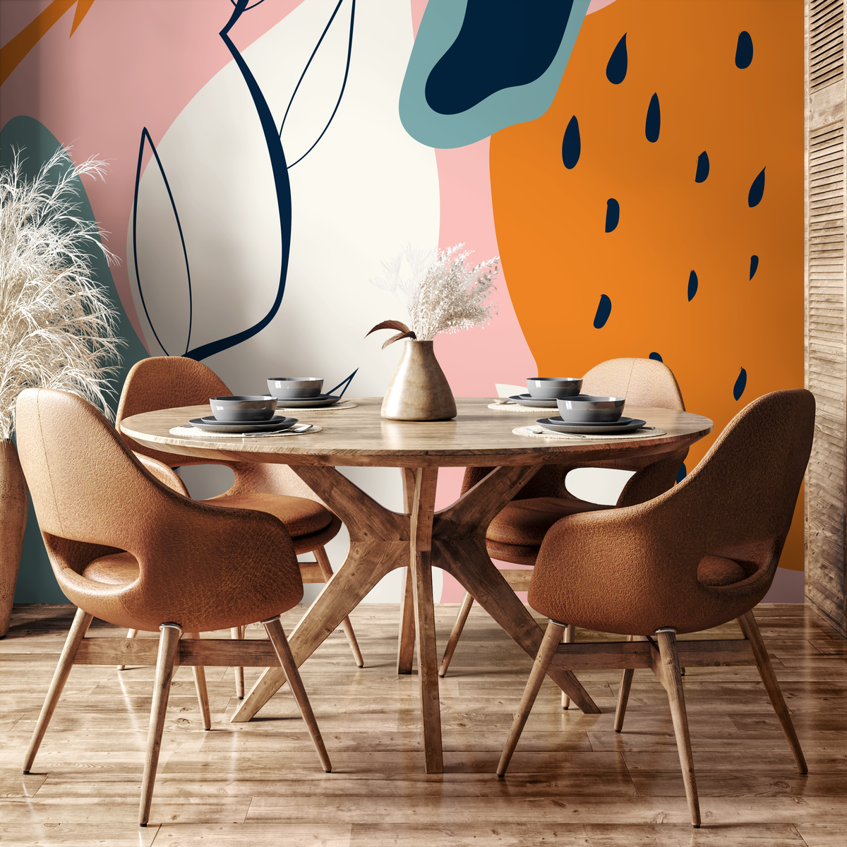 Abstract Wallpaper with Modern Organic Shapes in Pink, Orange, and Blue - detail view