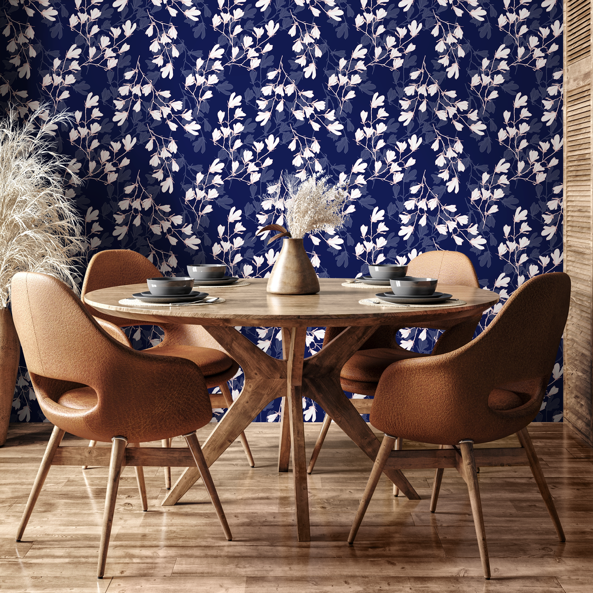 Floral Wallpaper with Magnolia Blossoms in Navy Blue and White - detail view