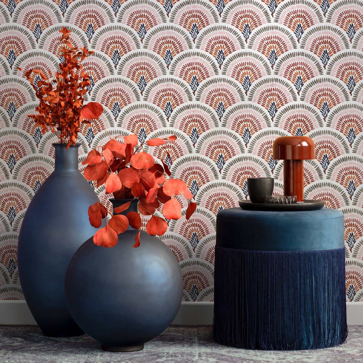 Boho Wallpaper with a Painted Scallop Motif in Pink, Terracotta, and Blue - detail view