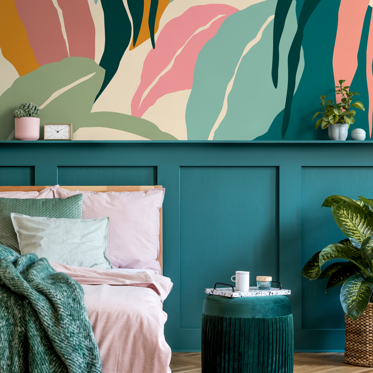 Botanical Wallpaper with an Abstract Tropical Leaf Motif in Teal, Pink, and Ochre - detail view