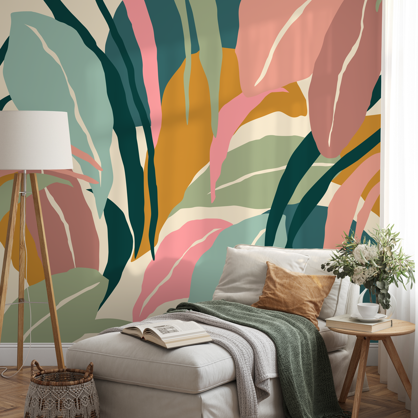 Colorful Tropical Leaves Mural Wallpaper Peel and Stick and Traditional Wallpaper - B634