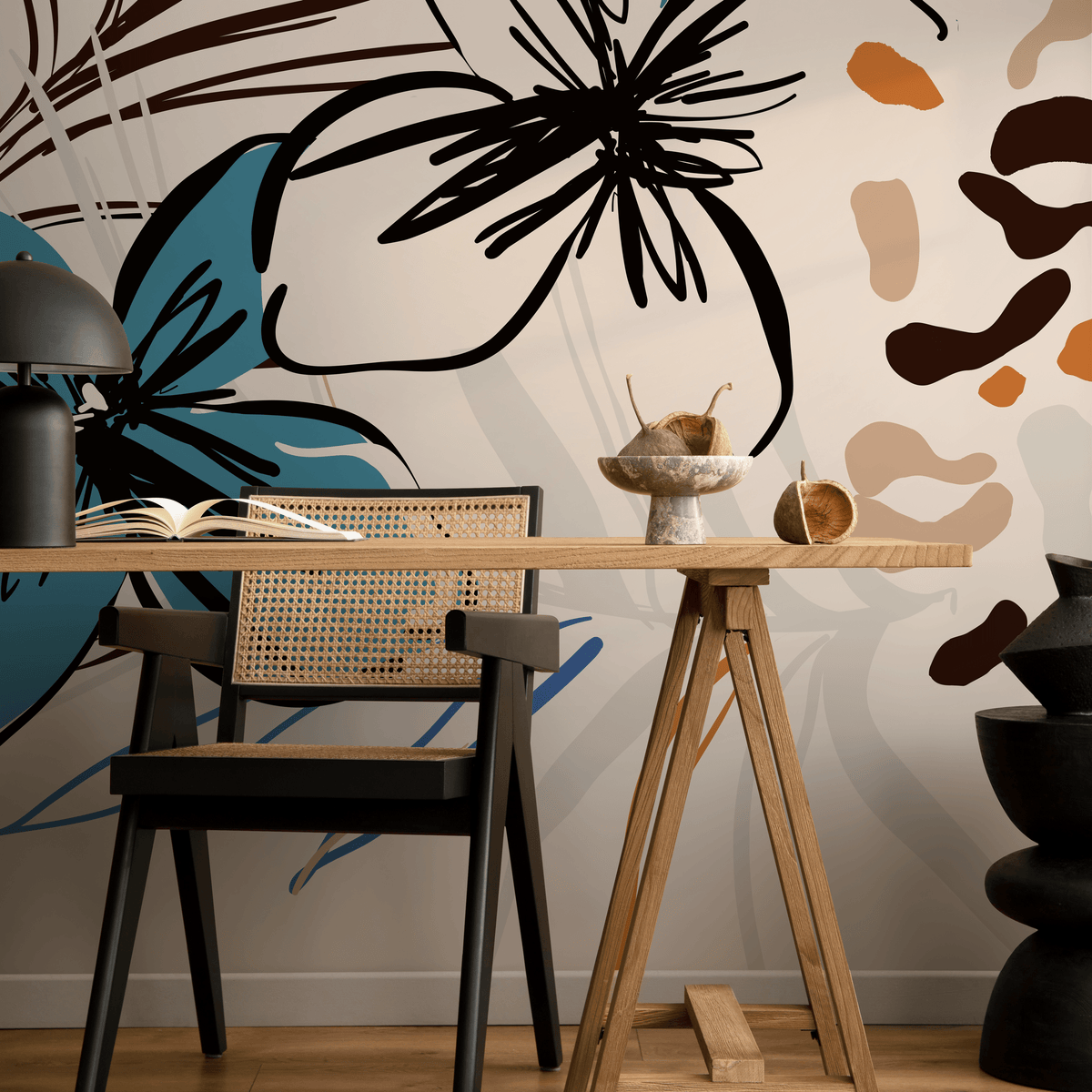 Abstract Floral Wallpaper Featuring Sketched Blooms in Teal, Black, and Brown - detail view