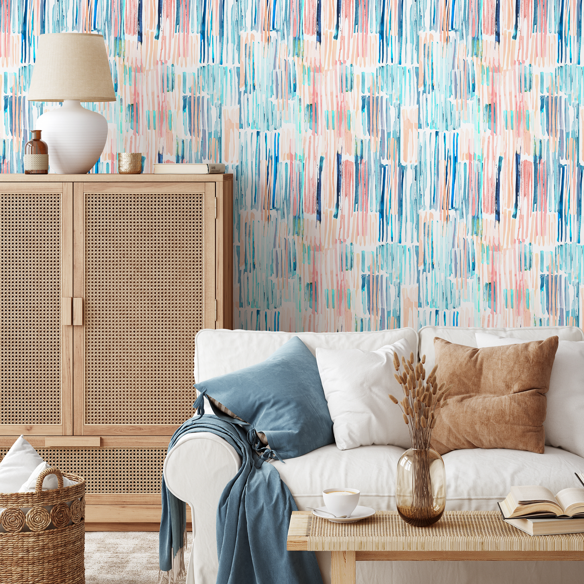 Abstract Wallpaper with Painterly Brushstrokes in Blue, Pink, and Peach - detail view