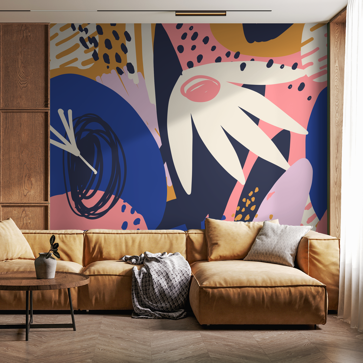 Abstract Wallpaper with Bold Organic Forms in Navy, Pink, and Mustard - detail view