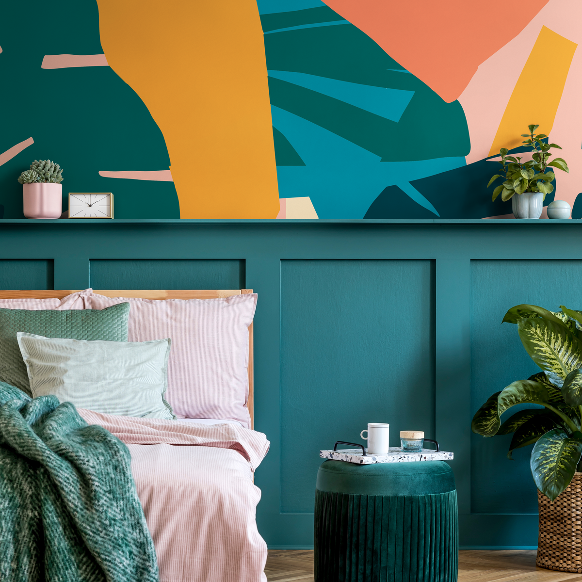 Abstract Wallpaper with Colorful Cut-Out Shapes in Teal, Yellow, and Orange - detail view