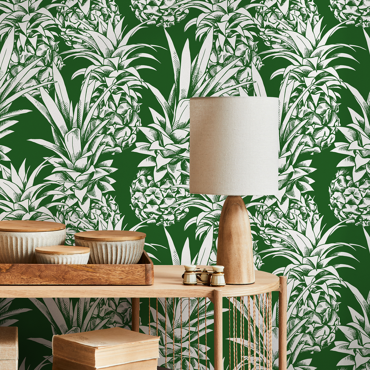 Botanical Wallpaper Featuring a Bold Pineapple Motif in Green and White - detail view