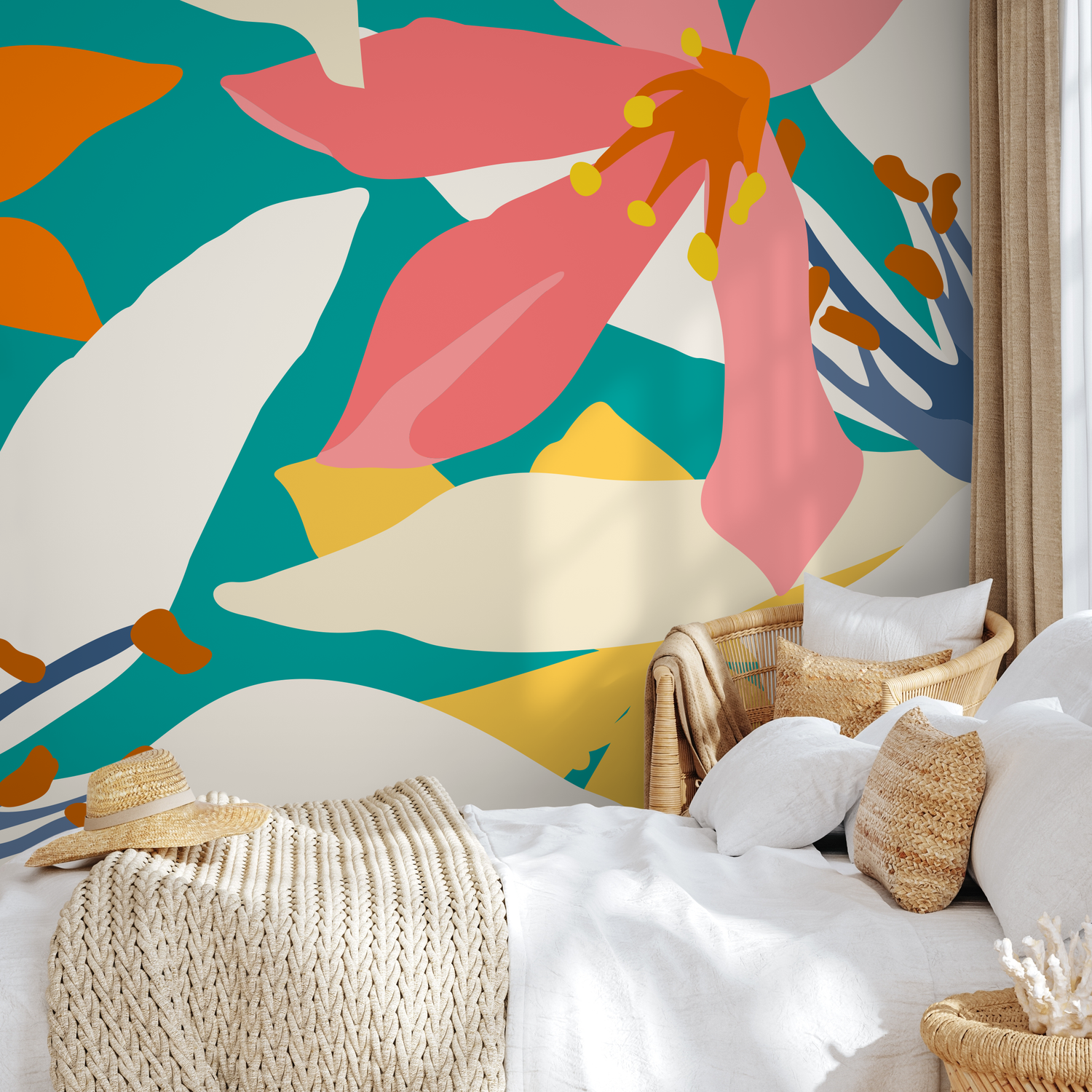 Abstract Floral Wallpaper with Bold Organic Shapes in Teal, Pink, and Yellow - B644