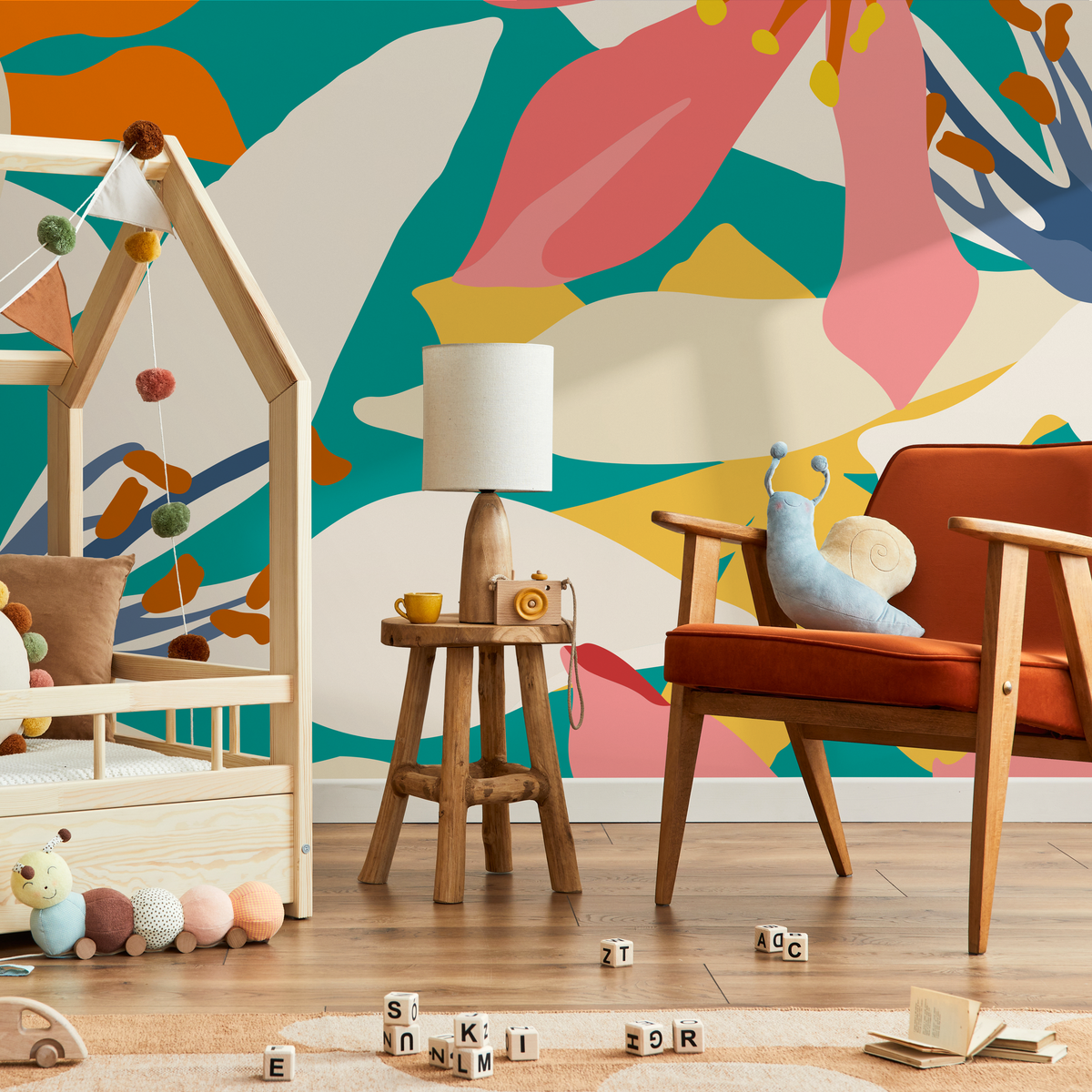 Abstract Floral Wallpaper with Bold Organic Shapes in Teal, Pink, and Yellow - detail view