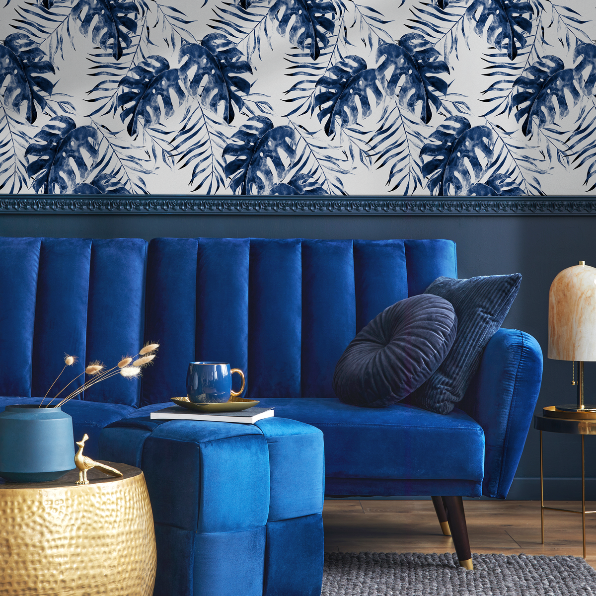 Tropical Wallpaper with Painterly Monstera Leaves in Indigo Blue - detail view