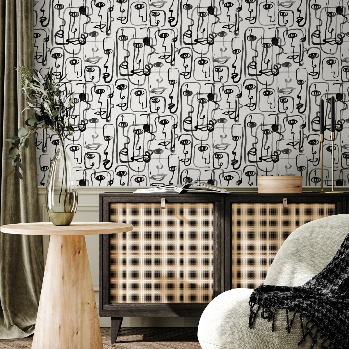 Cubism Wallpaper Inspired by Picasso Faces in Black and White - detail view