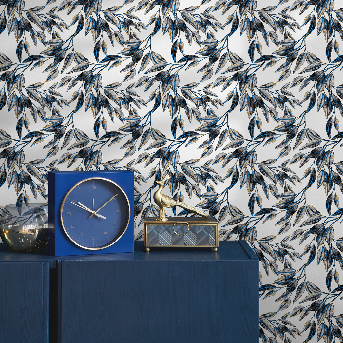 Botanical Wallpaper with Elegant Leafy Branches in Blue and Yellow - detail view