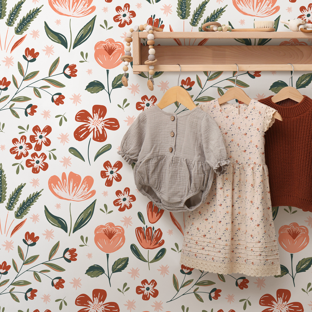Floral Wallpaper with a Folk Art Motif in Terracotta, Peach, and Green - detail view