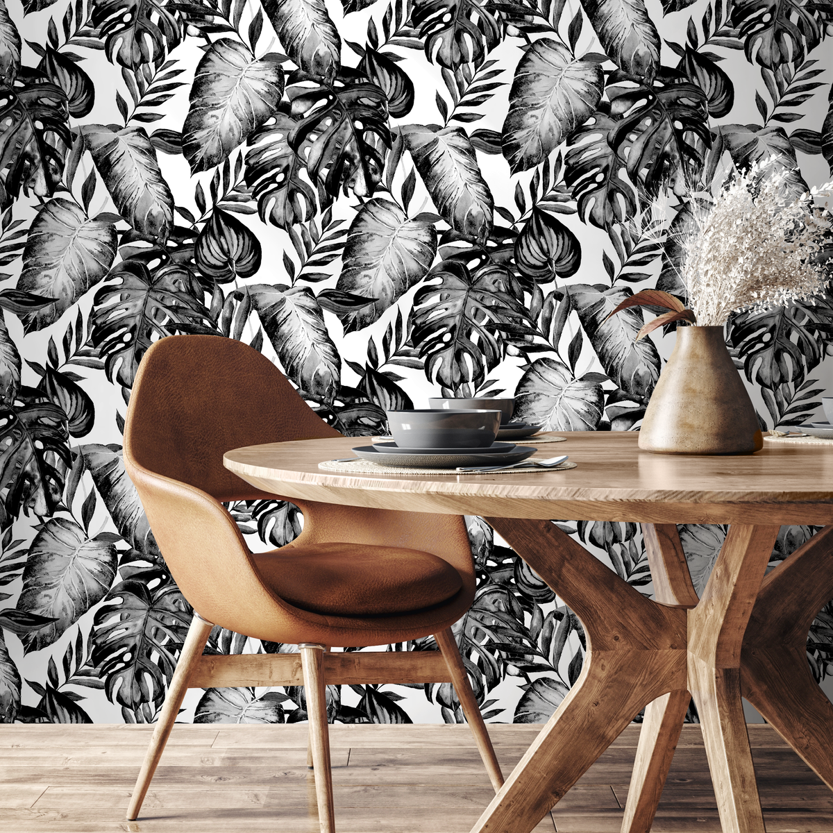 Botanical Wallpaper with a Lush Monstera Leaf Motif in Black and White - detail view