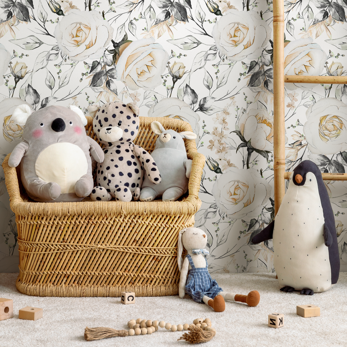 Floral Wallpaper with a Rose Motif in Cream, Gray, and Yellow - detail view