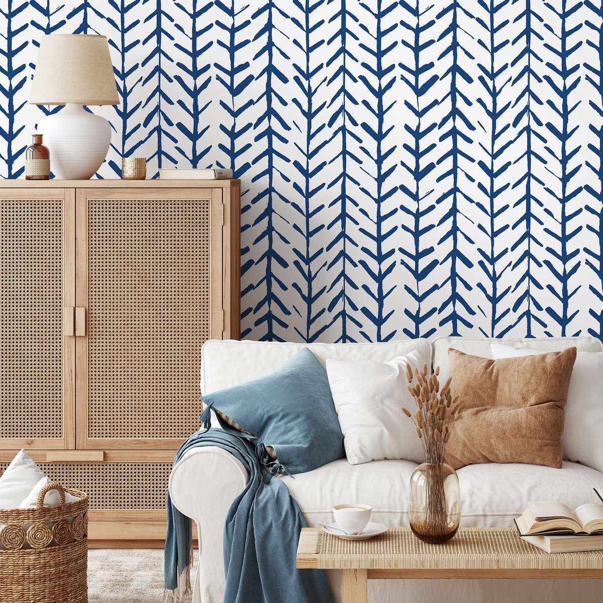 Geometric Wallpaper with a Hand-Drawn Arrow Motif in Navy Blue and White - detail view