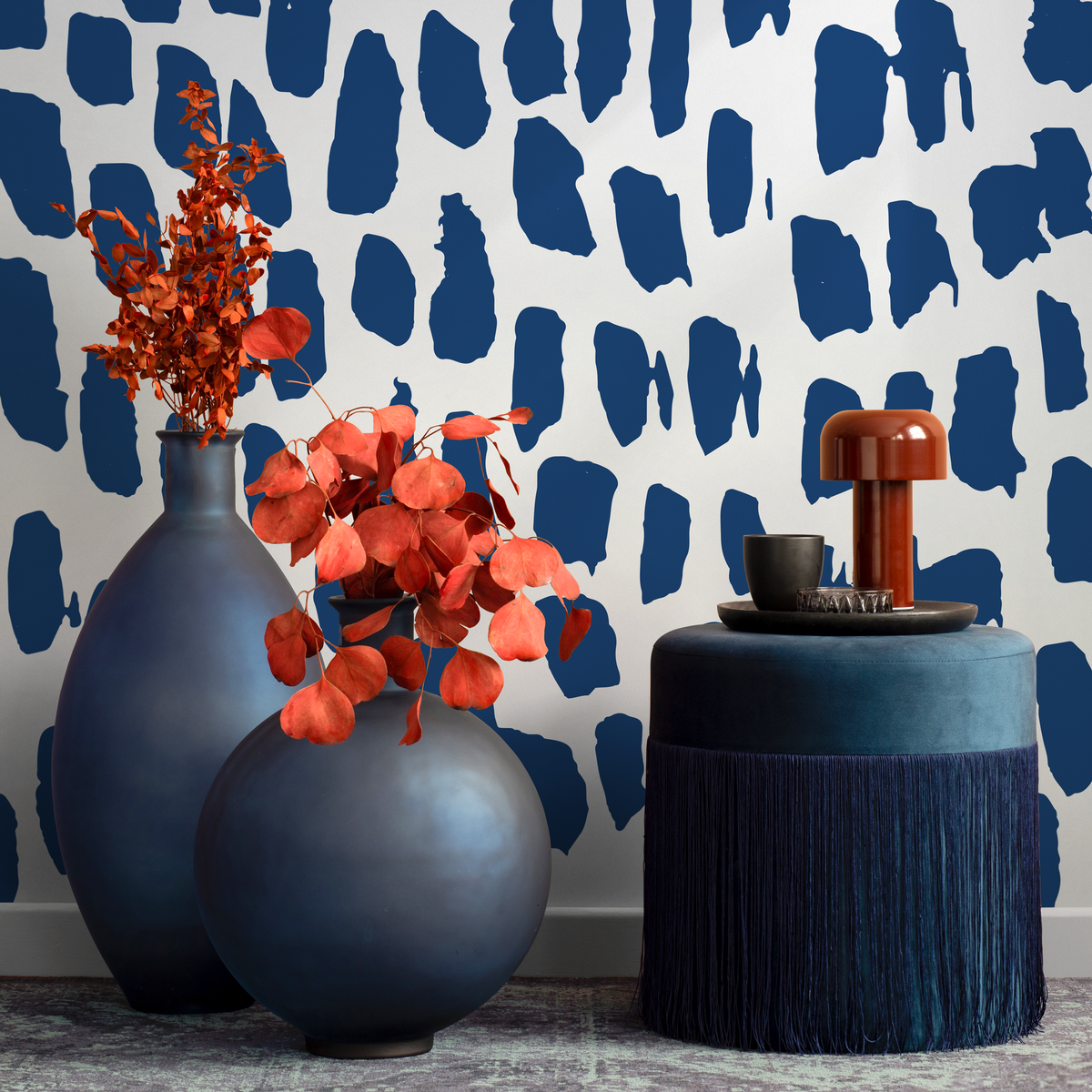 Abstract Wallpaper with Bold Brushstroke Spots in Navy Blue - detail view