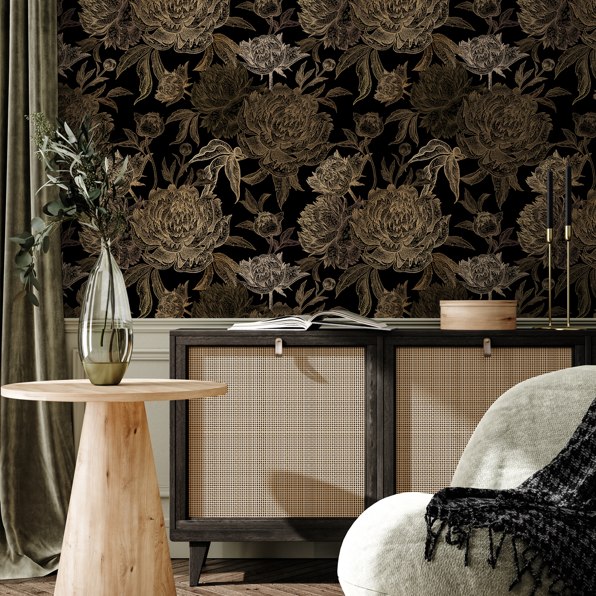 Floral Wallpaper with a Vintage Peony Motif in Black and Gold - detail view