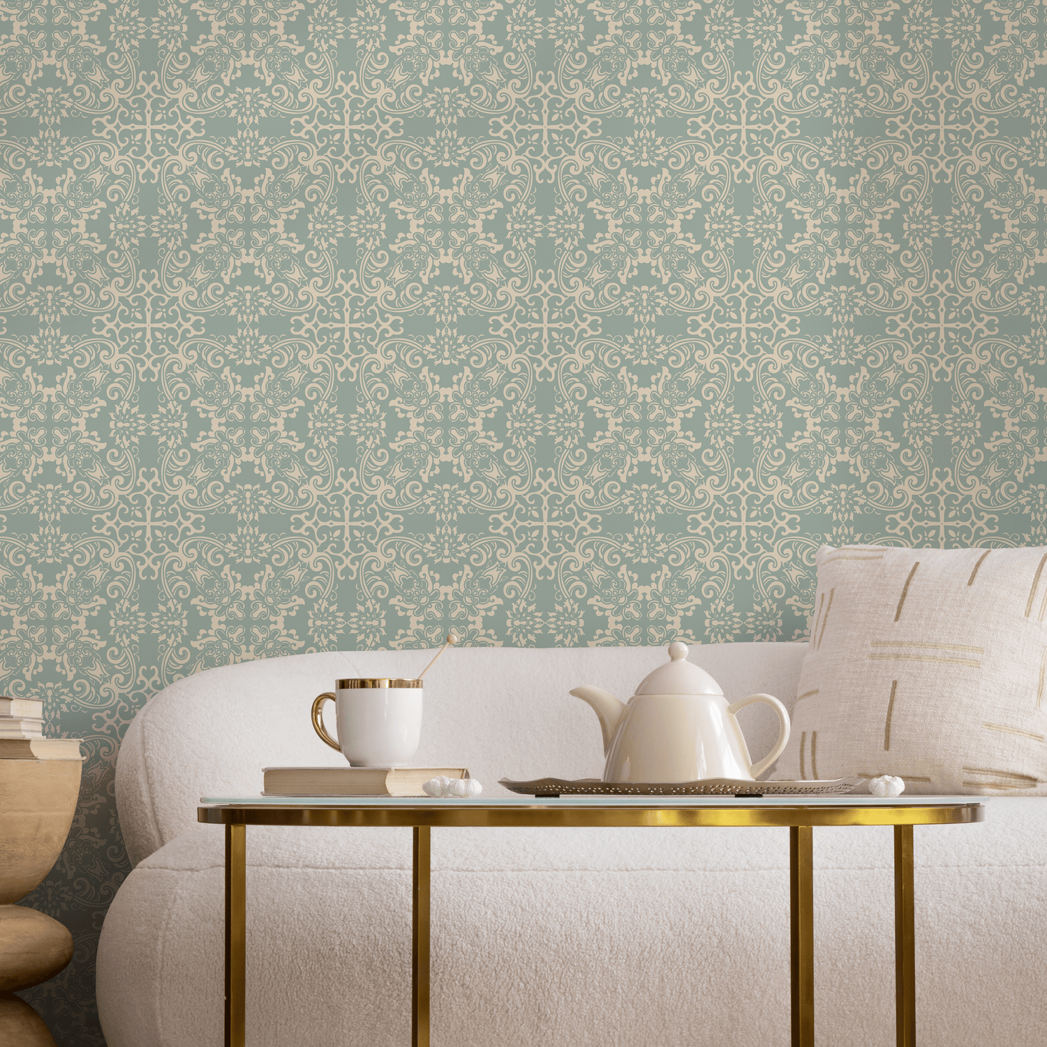 Damask Wallpaper with an Ornate Vintage Pattern in Sage Green and Cream - B667