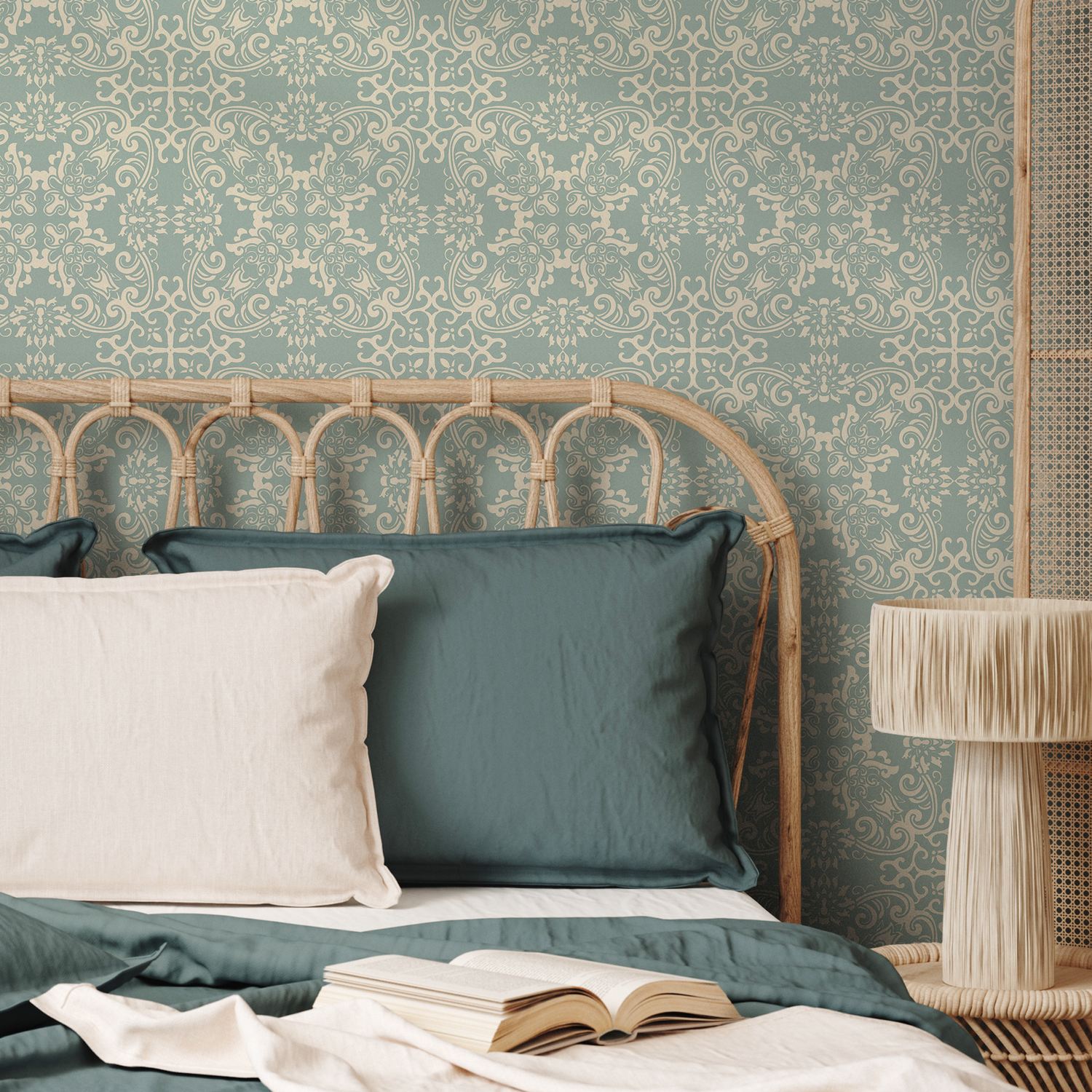 Damask Wallpaper with an Ornate Vintage Pattern in Sage Green and Cream - B667