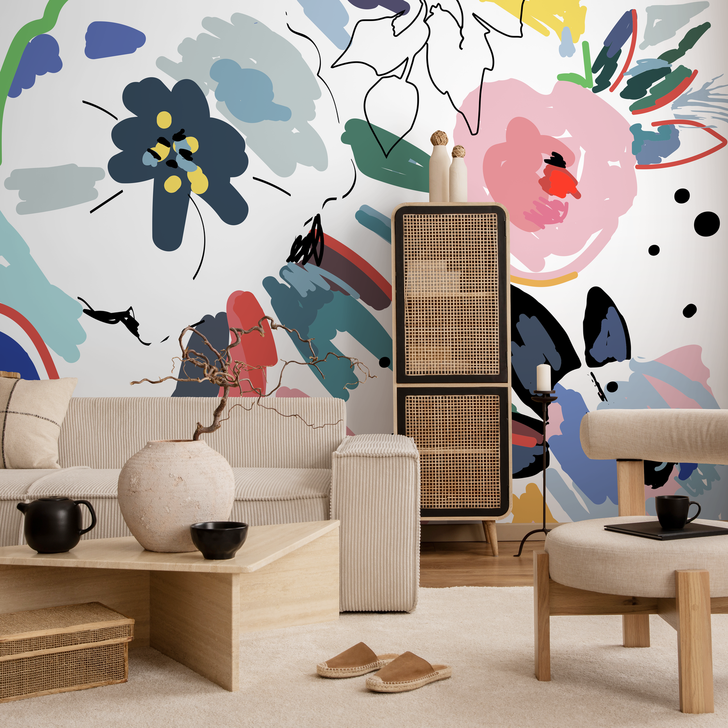 Abstract Wallpaper Featuring Painterly Flowers in Blue, Pink, and Red - B668