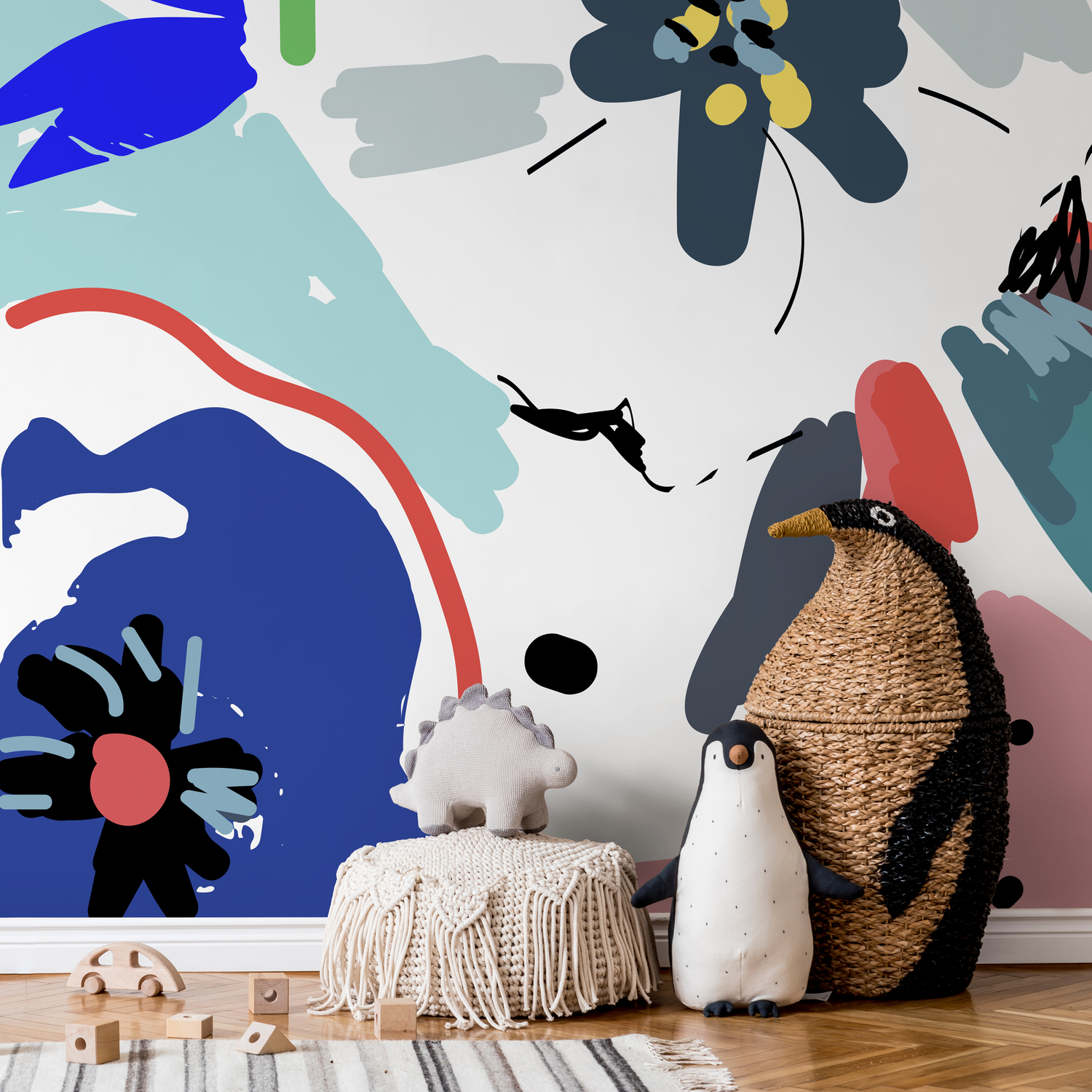 Abstract Wallpaper Featuring Painterly Flowers in Blue, Pink, and Red - B668