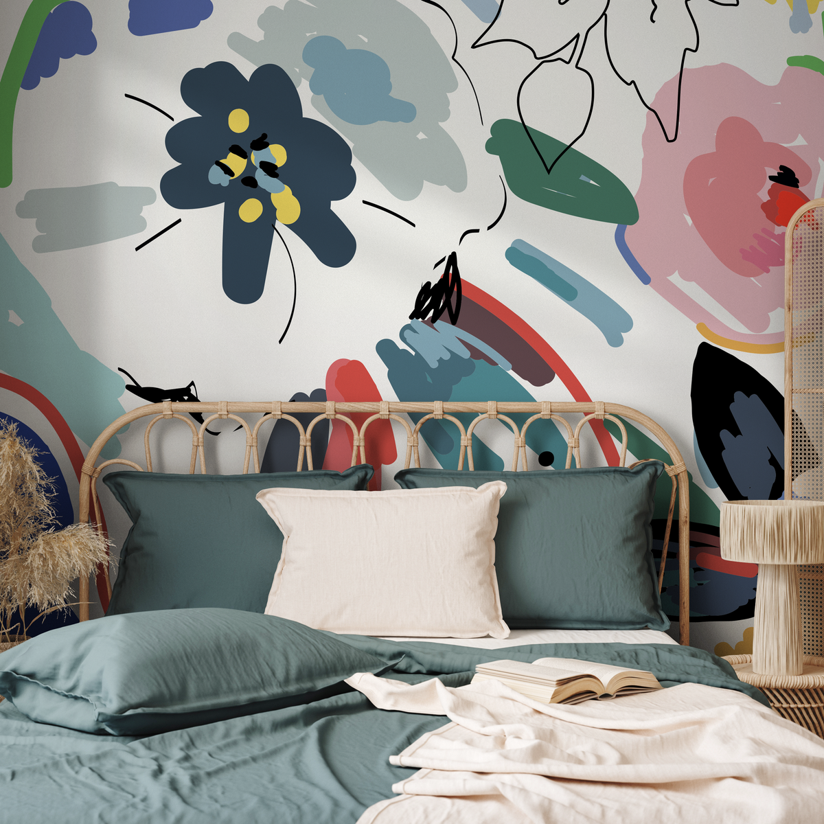 Abstract Wallpaper Featuring Painterly Flowers in Blue, Teal, and Red - detail view