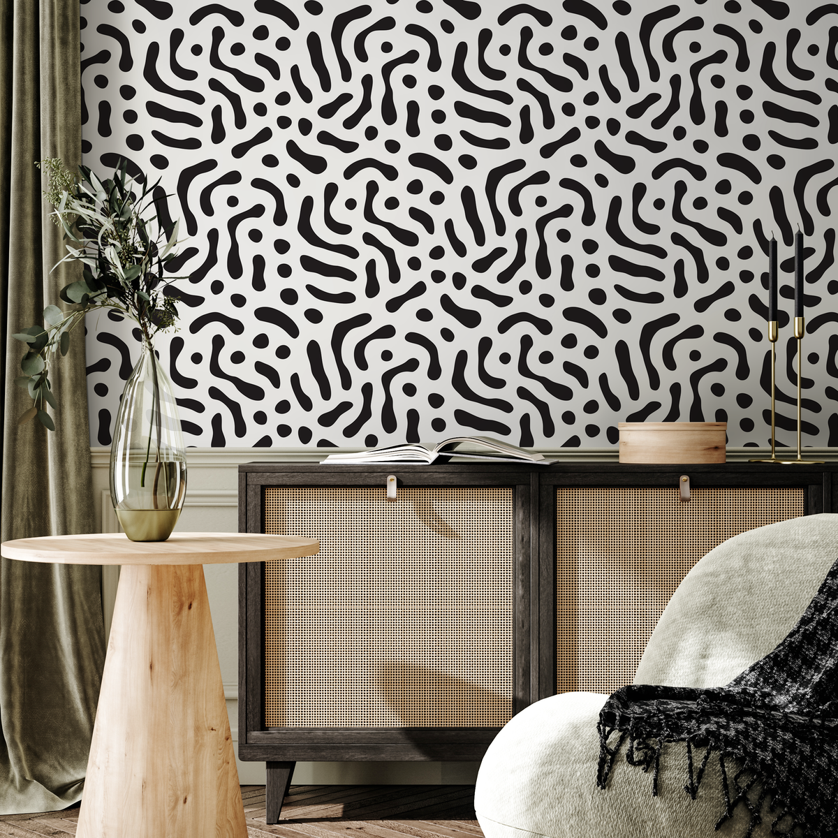 Abstract Wallpaper with an Organic Squiggle Motif in Black and White - detail view