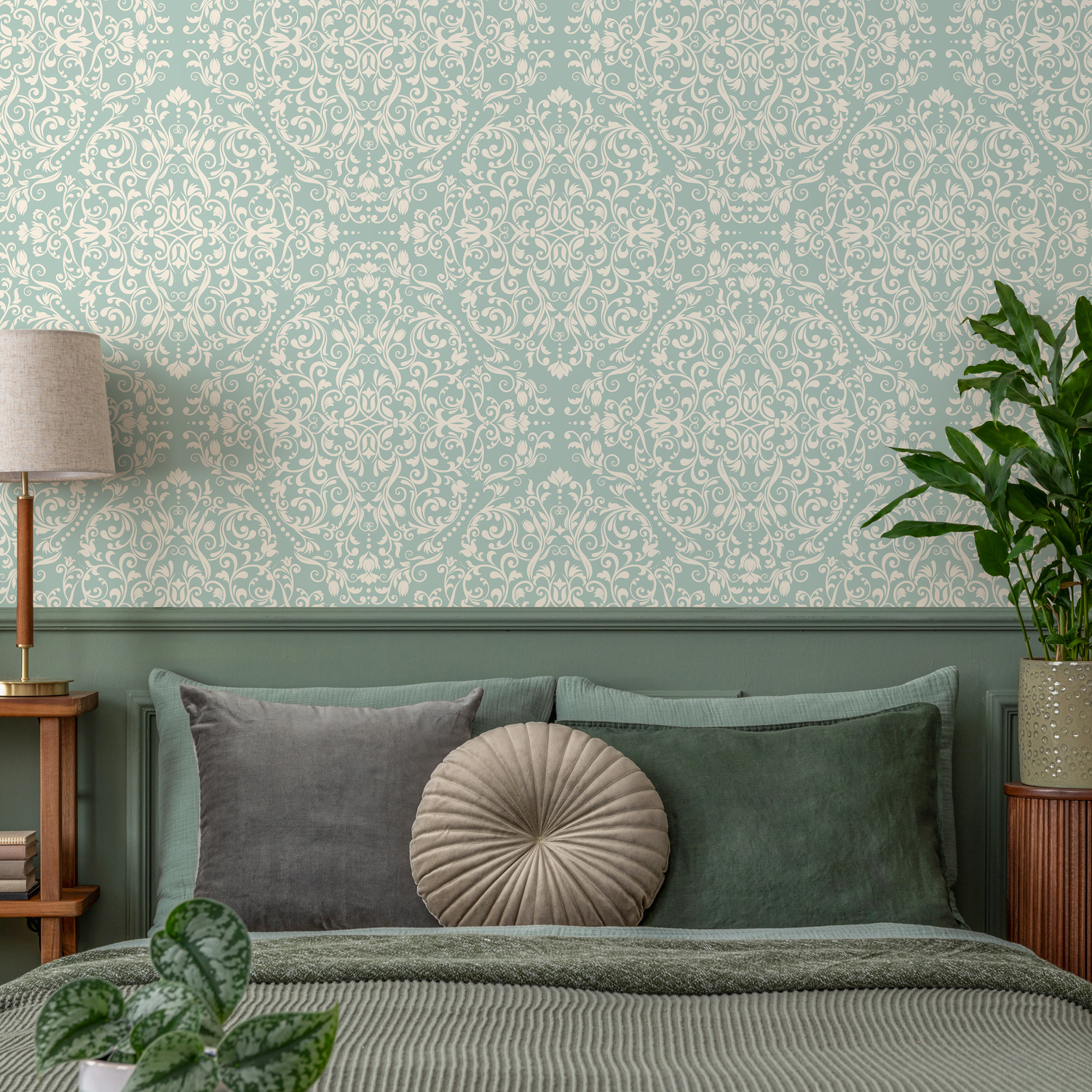 Damask Wallpaper Featuring an Ornate Scroll Motif in Sage Green and Cream - B670