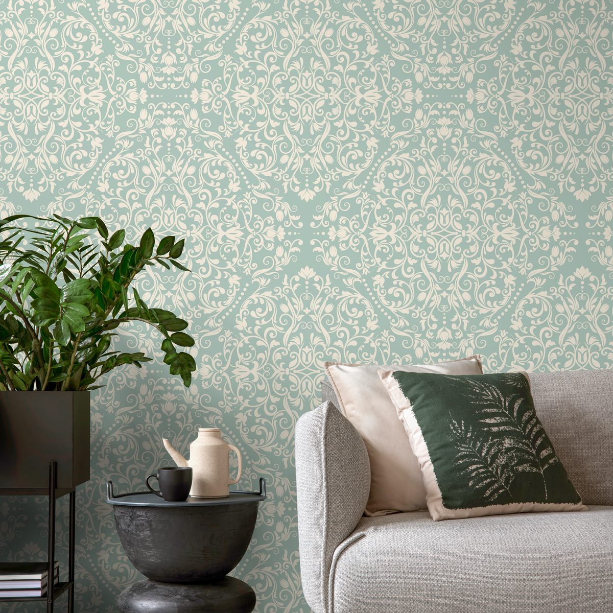 Damask Wallpaper Featuring an Ornate Scroll Motif in Sage Green and Cream - detail view