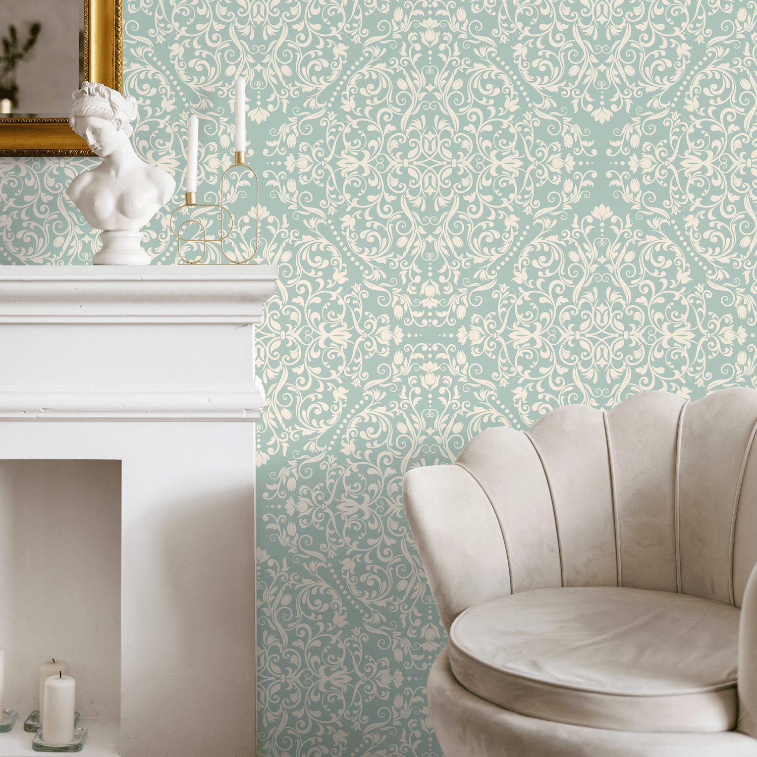 Damask Wallpaper Featuring an Ornate Scroll Motif in Sage Green and Cream - B670