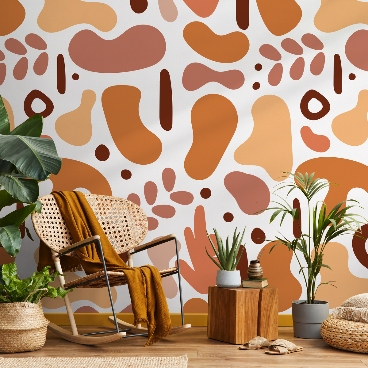 Abstract Wallpaper with Amorphous Shapes in Terracotta, Orange, and Brown - detail view