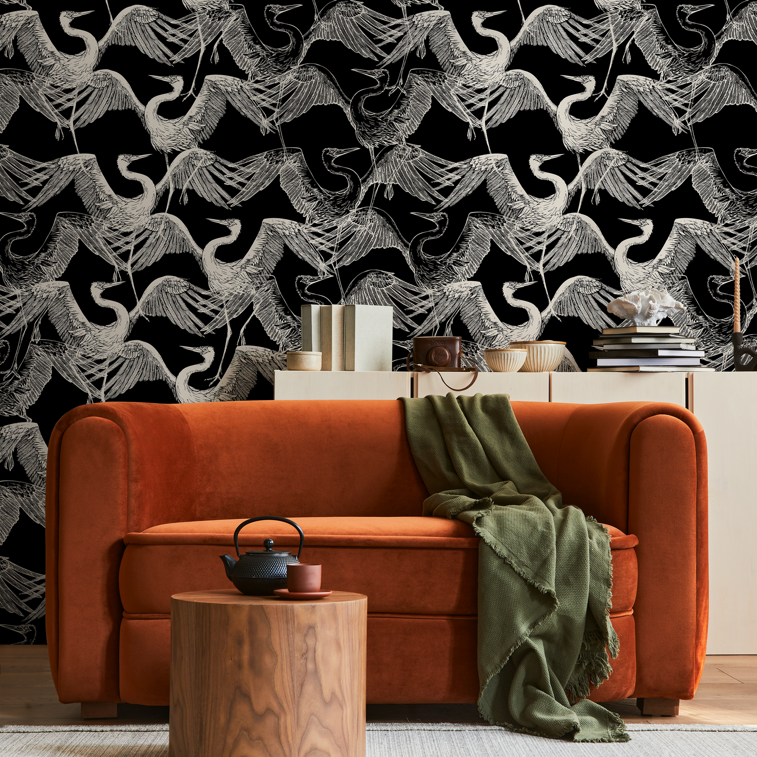 Bird Wallpaper with an Elegant Heron Sketch in Black and White - B681